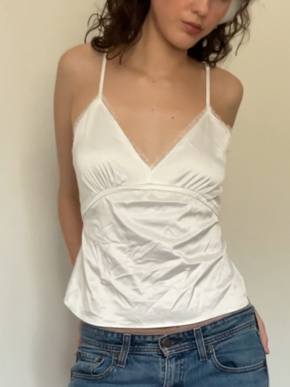 Zara White Satin Lace-Trim Cami